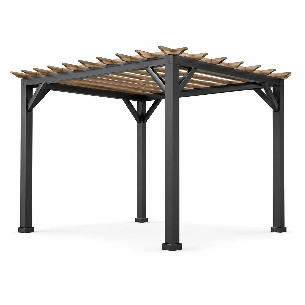 Pergola de jardin autoportante en acier anthracite et bois brun, 300 × 300 × 230 cm