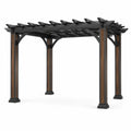 Pergola de jardin contemporaine en bois et métal, noir et marron, toit ajouré, 365 × 305 × 240 cm