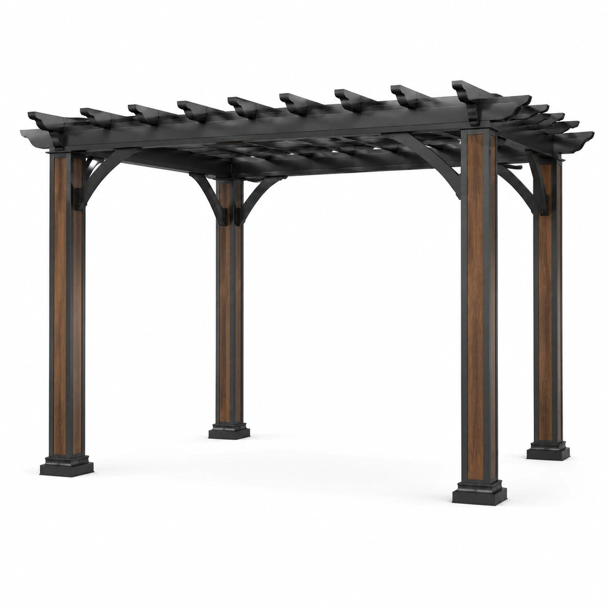 Pergola de jardin contemporaine en bois et métal, noir et marron, toit ajouré, 365 × 305 × 240 cm